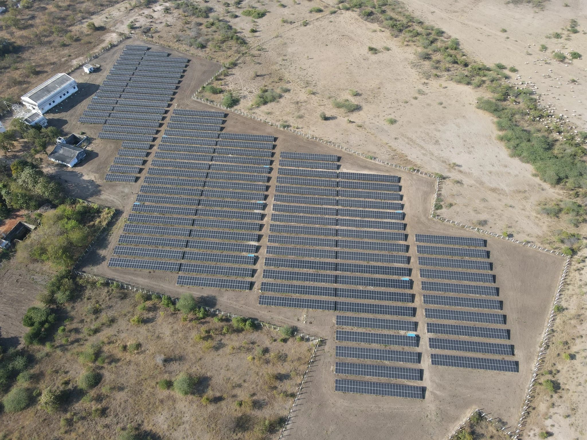 Aerial view of the ground-mounted solar installation at Vidhya Spinning Mills